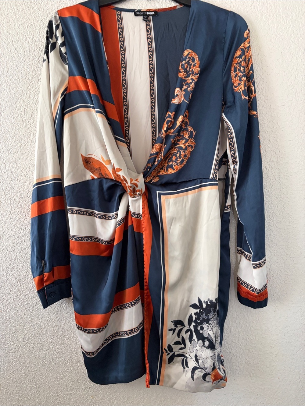 Fashion Nova Navy Orange White Printed Twist-Front Camisole Dress